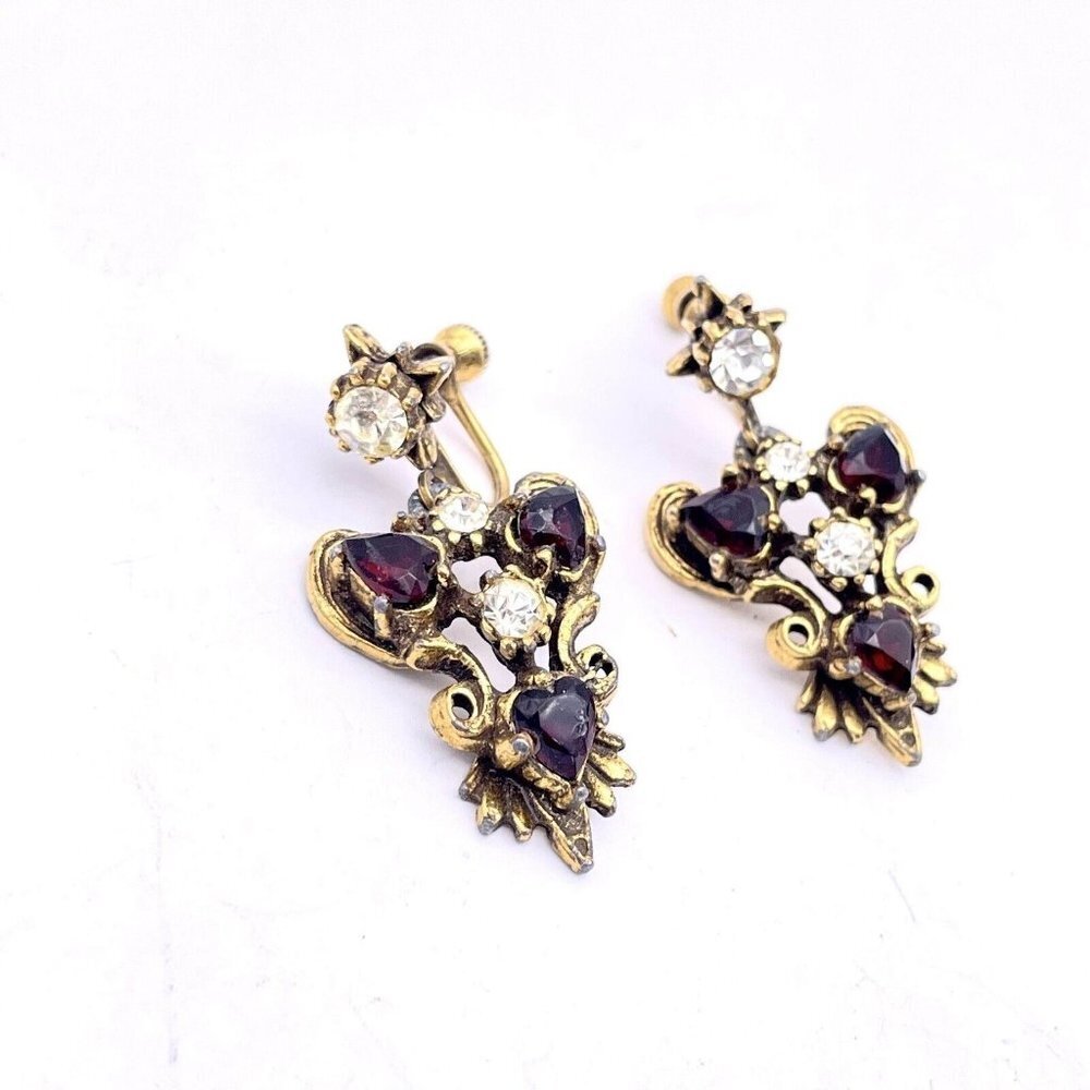 Vintage Crystal Dangle Drop Earrings Gold Tone Screw Post Closure